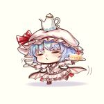  1girl balancing bat_wings blue_hair bow cake chibi commentary_request cup dress food hat hat_ribbon highres mob_cap pink_dress puffy_sleeves remilia_scarlet ribbon short_hair simple_background solo strawberry_shortcake suna_sen teacup teapot touhou wings 
