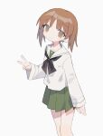 1girl arm_at_side bangs black_neckwear blouse brown_eyes brown_hair closed_mouth daizu_(melon-lemon) eyes_visible_through_hair feet_out_of_frame from_side girls_und_panzer green_skirt grey_background hand_up head_tilt highres light_smile long_sleeves looking_at_viewer looking_to_the_side looking_up miniskirt neckerchief nishizumi_miho no_nose ooarai_school_uniform pleated_skirt sailor_collar school_uniform serafuku short_hair simple_background skirt solo tareme v white_blouse white_sailor_collar 
