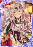  1girl animal animal_ears blush collaboration eyebrows_visible_through_hair falkyrie_no_monshou fang fox fox_ears fox_girl fox_tail green_eyes grey_hair japanese_clothes long_hair looking_at_viewer miko natsumekinoko official_art shinkai_no_valkyrie tail 