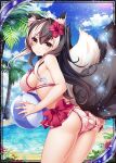  1girl animal_ears ass ball bare_shoulders beach beachball bikini bikini_pull black_hair blue_sky breasts clothes_pull collaboration flower fox_ears fox_girl fox_tail hair_flower hair_ornament holding holding_ball looking_at_viewer medium_breasts multicolored_hair multiple_tails official_art orange_eyes palm_tree pink_bikini ray-akila shinkai_no_valkyrie shinki_kakusei_melty_maiden side-tie_bikini sky sunlight swimsuit tail tree two-tone_hair 