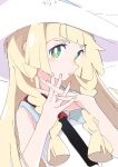  1girl blonde_hair blush braid commentary eyebrows_visible_through_hair fingernails green_eyes hat ixy lillie_(pokemon) long_hair looking_at_viewer pokemon pokemon_(game) pokemon_sm simple_background solo twin_braids upper_body white_background white_headwear 