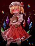  +_+ 1girl ascot bangs black_background blonde_hair bow closed_mouth cowboy_shot crossed_arms crystal flandre_scarlet hat hat_bow highres holding holding_stuffed_toy kiui_(dagk8254) looking_at_viewer medium_hair mob_cap red_bow red_eyes red_skirt red_vest shaded_face shirt short_sleeves side_ponytail simple_background skirt smile solo standing star_(symbol) stuffed_animal stuffed_toy teddy_bear touhou vest white_headwear white_shirt wings yellow_neckwear 