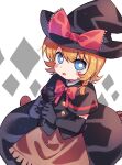  1girl bangs black_capelet black_gloves black_headwear black_skirt black_vest blonde_hair blue_eyes blush bow bowtie braid bright_pupils capelet cookie_(touhou) elbow_gloves eyebrows_visible_through_hair full_body gloves hat hat_bow holding holding_microphone kirisame_marisa looking_at_viewer meguru_(cookie) microphone open_mouth red_bow red_neckwear short_hair single_braid skirt solo touhou vest white_pupils witch_hat xox_xxxxxx 