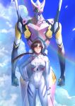  1girl absurdres aqua_eyes bangs blue_sky bodysuit breasts brown_hair clouds cloudy_sky covered_navel eva_08 hand_on_hip highres long_hair makinami_mari_illustrious medium_breasts multicolored multicolored_bodysuit multicolored_clothes neon_genesis_evangelion peperon_(peperou) ponytail rainbow rebuild_of_evangelion red-framed_eyewear semi-rimless_eyewear shadow sky solo under-rim_eyewear white_bodysuit 