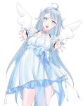  +_+ 1girl ahoge amatsuka_uto angel angel_wings bangs blue_bow blue_eyes bow dress head_tilt highres indie_virtual_youtuber kuroi_enpitsu long_hair looking_at_viewer off-shoulder_dress off_shoulder open_hands outstretched_arms silver_dress silver_hair smile solo two_side_up very_long_hair virtual_youtuber wing_hair_ornament wings 