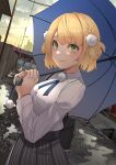  1girl absurdres black_skirt blonde_hair closed_mouth clouds commentary_request green_eyes harris_hero highres holding holding_umbrella indie_virtual_youtuber lips long_sleeves looking_at_viewer outdoors road shigure_ui_(vtuber) shirt short_hair skirt sky smile solo street striped umbrella vertical-striped_skirt vertical_stripes virtual_youtuber white_shirt yellow_sky 
