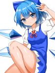  1girl arm_up bangs blue_bow blue_dress blue_eyes blue_hair bow cirno closed_mouth collared_shirt dress eyebrows_visible_through_hair hair_bow highres ice ice_wings kiui_(dagk8254) neck_ribbon red_neckwear red_ribbon ribbon shirt short_hair short_sleeves simple_background smile solo touhou w white_background white_shirt wings 