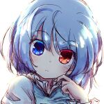  1girl absurdres blue_eyes blue_hair blue_vest commentary_request hand_up heterochromia highres isu_(is88) looking_at_viewer medium_hair portrait red_eyes shirt solo tatara_kogasa touhou vest white_background white_shirt 