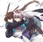  2girls amiya_(arknights) animal_ears arknights brown_hair carrying cat_ears e-fa-dorn feathers fingerless_gloves gloves green_eyes highres jacket jewelry long_hair miniskirt multiple_girls pantyhose ponytail princess_carry rabbit_ears ring rosmontis_(arknights) silver_hair skirt 