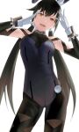  1girl animal_ear_fluff animal_ears black_hair bodysuit breasts brown_eyes gloves head_tilt highres kuroi_enpitsu looking_at_viewer open_mouth phantasy_star phantasy_star_online_2 rabbit_ears small_breasts solo twintails white_gloves x_x yellow_eyes 