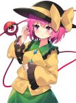  1girl bangs black_headwear blouse blush bow breasts closed_mouth commentary_request cosplay cowboy_shot eyeball eyebrows_visible_through_hair frilled_shirt_collar frills furrowed_eyebrows green_skirt hand_in_hair hand_up hat hat_bow highres komeiji_koishi komeiji_koishi_(cosplay) komeiji_satori light_frown long_sleeves looking_to_the_side pink_eyes pink_hair short_hair simple_background skirt small_breasts solo standing third_eye touhou white_background wide_sleeves yellow_blouse yellow_bow yuujin_(yuzinn333) 