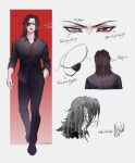  1boy black_pants black_shirt character_sheet cigarette collared_shirt eyepatch grey_eyes hair_behind_ear heterochromia highres hyde_(mr.holmes) male_focus medium_hair mr.holmes multiple_views original pants parted_hair pointy_ears red_eyes shirt smoking v-shaped_eyebrows vampire 