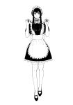  1girl alternate_costume apron choker closed_mouth commentary datsuko_(momojam_koubou) dress enmaided expressionless frilled_dress frills full_body greyscale highres holding holding_ribbon long_hair looking_at_viewer maid maid_apron maid_headdress mary_janes monochrome neck_ribbon puffy_short_sleeves puffy_sleeves ribbon shoes short_sleeves sidelocks simple_background solo spy_x_family standing thigh-highs white_background yoru_briar zettai_ryouiki 