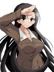  1girl asymmetrical_bangs bangs black_eyes black_hair brown_jacket chi-hatan_military_uniform closed_mouth commentary_request girls_und_panzer jacket kirisaki_reina long_hair long_sleeves looking_at_viewer military military_uniform nishi_kinuyo partial_commentary salute smile solo star_(symbol) straight_hair transparent_background uniform upper_body 