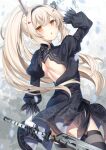  1girl ayanami_(azur_lane) azur_lane bangs black_dress black_legwear blush breasts commentary_request cosplay dress eyebrows_visible_through_hair gloves hair_between_eyes hair_ornament headgear high_ponytail long_hair looking_at_viewer nier_(series) nier_automata ponytail puffy_sleeves red_eyes retrofit_(azur_lane) sidelocks skirt solo sugisaki_yuu sword thigh-highs weapon yorha_no._2_type_b yorha_no._2_type_b_(cosplay) 