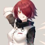  1girl :p angel_wings arknights arm_behind_head breasts commentary_request detached_wings exusiai_(arknights) grey_background hair_over_one_eye halo jacket looking_at_viewer looking_away medium_breasts name_tag ozeu0916 red_eyes redhead short_hair sideways_glance simple_background smile solo tongue tongue_out upper_body white_jacket wings 