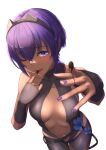  1girl announ_(kurotya) bangs bare_shoulders belt black_gloves black_hairband black_leotard blush breasts center_opening chocolate chocolate_on_fingers commentary_request dark_skin dark-skinned_female eyebrows_visible_through_hair fate/grand_order fate/prototype fate/prototype:_fragments_of_blue_and_silver fate_(series) finger_licking fingerless_gloves fingernails flower gloves hair_between_eyes hairband hassan_of_serenity_(fate) highres leggings leotard licking looking_at_viewer medium_breasts navel one_eye_closed open_mouth purple_hair purple_nails short_hair simple_background solo violet_eyes white_background 