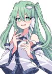  1girl absurdres alternate_costume detached_sleeves eyebrows_visible_through_hair frog_hair_ornament green_eyes green_hair hair_between_eyes hair_ornament highres kochiya_sanae long_hair looking_at_viewer open_mouth simple_background snake_hair_ornament solo touhou tsukimirin two_side_up white_background 