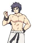  1boy bangs black_hair bruno_(pokemon) collarbone commentary_request elite_four hair_tie hand_up highres holding holding_poke_ball kiwi_of_ruin korean_commentary long_hair male_focus muscular muscular_male pants poke_ball poke_ball_(basic) pokemon pokemon_(game) pokemon_hgss sash shirtless simple_background solo tied_hair white_background white_pants 