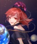  1girl black_collar black_shirt breasts chain collar earth_(ornament) floating_hair hecatia_lapislazuli highres long_hair looking_at_viewer moon_(ornament) off-shoulder_shirt off_shoulder polos_crown red_eyes redhead shidaccc shirt short_sleeves sky smile solo star_(sky) starry_sky touhou upper_body 