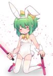 1girl alternate_costume animal_ears bangs blush bow bowtie bunny_tail closed_eyes commentary_request cookie_(touhou) daiyousei detached_collar diyusi_(cookie) dual_wielding eyebrows_visible_through_hair fake_animal_ears fake_tail full_body green_hair hair_between_eyes hair_bow hairband high_heels holding kneeling leotard looking_at_viewer medium_hair open_mouth playboy_bunny ponytail rabbit_ears red_footwear shiny shiny_hair solo strapless strapless_leotard tail thigh-highs touhou traffic_baton white_background white_hairband white_legwear white_leotard wing_collar wrist_cuffs xox_xxxxxx yellow_bow 