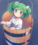  1girl bangs blush bucket closed_mouth commentary_request eyebrows_visible_through_hair green_eyes green_hair hair_between_eyes hair_bobbles hair_ornament highres in_bucket in_container japanese_clothes kimono kisume short_hair solo touhou twintails upper_body white_kimono wooden_bucket xox_xxxxxx 