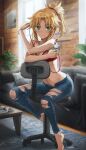  1girl bangs blonde_hair blue_pants blush bra bracelet braid breasts cellphone chair collarbone denim earphones earphones fate/apocrypha fate_(series) french_braid green_eyes highres jeans jewelry long_hair looking_at_viewer mordred_(fate) mordred_(fate)_(all) navel pants parted_bangs phone ponytail red_bra sidelocks sitting small_breasts smile tonee torn_clothes torn_jeans torn_pants underwear 