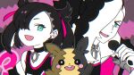  1boy 1girl :d asymmetrical_bangs bangs black_choker black_hair brother_and_sister choker commentary_request earrings eyelashes gen_8_pokemon green_eyes gym_leader hair_ribbon hand_up highres holding holding_microphone jacket jewelry long_hair marnie_(pokemon) microphone morpeko morpeko_(full) multicolored_hair open_mouth piers_(pokemon) pokemon pokemon_(creature) pokemon_(game) pokemon_swsh punico_(punico_poke) purple_ribbon ribbon siblings smile two-tone_hair white_hair 