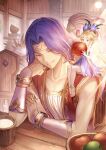  1girl 3boys anklet apple barefoot bishounen blonde_hair blue_dress blue_flower blurry blurry_background bowl brown_eyes chair clenched_hand collarbone cup dress duran_(seiken_densetsu_3) eating elbow_rest faerie_(seiken_densetsu_3) fairy_wings flower food fruit fruit_bowl glint hair_flower hair_ornament hand_on_own_arm hand_on_own_cheek hand_on_own_face hawkeye_(seiken_densetsu_3) holding holding_food indoors jewelry kevin_(seiken_densetsu_3) lamp looking_at_viewer looking_down minigirl multiple_boys on_chair on_shoulder open_mouth plate plate_stack pointy_ears purple_hair red_vest ring see-through_dress seiken_densetsu seiken_densetsu_3 shirt sitting sitting_on_person sitting_on_shoulder sleeping sleeveless sleeveless_shirt sparkle table tenyo0819 upper_teeth vambraces vest white_shirt wings wooden_chair wooden_table zzz 