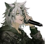 1girl animal_ears arknights bangs chain_necklace deatiose dog_tags grey_eyes grey_jacket hair_ornament hairclip highres holding holding_microphone index_finger_raised jacket lappland_(ambience_synesthesia)_(arknights) lappland_(arknights) long_sleeves looking_at_viewer microphone musical_note official_alternate_costume open_clothes open_jacket open_mouth print_jacket scar scar_across_eye sharp_teeth short_hair silver_hair sitting slit_pupils solo symbol_commentary teeth upper_teeth white_background wolf_ears wolf_girl wristband