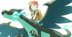  1boy arm_behind_head backpack backwards_hat bag baseball_cap blue_fire brown_eyes brown_hair charizard claws closed_mouth fire from_below gen_1_pokemon hat highres jacket male_focus mega_charizard_x mega_pokemon pants pokemon pokemon_(creature) pokemon_(game) pokemon_frlg red_(pokemon) red_headwear riding_pokemon short_sleeves simple_background sitting smile spiky_hair torinoko_(miiko_draw) white_background wristband yellow_bag 