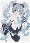  1girl amino_(li0a4) aqua_eyes aqua_hair aqua_nails aqua_neckwear aqua_ribbon bangs black_footwear black_legwear black_skirt blush boots detached_sleeves hair_between_eyes hair_ornament hatsune_miku hatsune_miku_(nt) headphones highres holding holding_hair long_hair looking_at_viewer nail_polish neck_ribbon open_mouth piapro pleated_skirt ribbon shirt simple_background skirt sleeveless sleeveless_shirt smile solo thigh-highs thigh_boots twintails very_long_hair vocaloid white_shirt zettai_ryouiki 