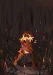  1girl alternate_costume bangs cape cloak earrings embers feather_earrings feathers fire forest glowing highres hololive hololive_english hood hood_down hooded_cloak jawli jewelry kneeling long_hair looking_at_viewer nature open_mouth orange_hair shaded_face solo takanashi_kiara virtual_youtuber 