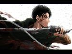  1boy black_border black_hair blood blood_on_face blood_splatter bloody_clothes blue_eyes border brown_jacket cloak closed_mouth fighting_stance green_cloak holding holding_sword holding_weapon jacket letterboxed levi_(shingeki_no_kyojin) long_sleeves looking_away male_focus natsupa paradis_military_uniform profile shingeki_no_kyojin shirt short_hair solo survey_corps_(emblem) sword upper_body weapon white_background white_shirt 