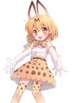  1girl animal_ears bangs blonde_hair blush bow bowtie brown_eyes cowboy_shot elbow_gloves eyebrows_visible_through_hair gloves hair_between_eyes kemono_friends looking_at_viewer open_mouth serval_(kemono_friends) serval_ears serval_print shirt short_hair simple_background skirt sleeveless sleeveless_shirt solo thigh-highs white_background xox_xxxxxx 