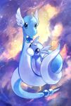  animal_focus artist_name blank_eyes blue_eyes clouds commentary day_walker1117 dragonair dratini english_commentary english_text full_body gen_1_pokemon highres lightning looking_at_viewer no_humans orb outdoors pokemon pokemon_(creature) watermark 
