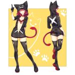  1girl animal_ears animal_hood boots cat_ears cat_girl cat_hood cat_tail collar front-tie_top highres hood hoodie navel open_clothes original paw_print red_eyes redhead robot_cat short_shorts shorts solo tail thigh-highs thigh_boots 