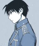  1boy amestris_military_uniform black_eyes black_hair blue_jacket blue_theme closed_mouth collared_jacket colored_skin from_side frown fullmetal_alchemist grey_background grey_theme jacket limited_palette looking_afar male_focus military military_uniform monochrome muted_color pkbr profile roy_mustang serious simple_background spiky_hair tsurime uniform upper_body white_skin 