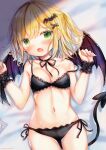  1girl absurdres aqua_hair black_bra black_panties blonde_hair bra breasts demon_girl demon_tail demon_wings embarrassed fang green_eyes highres huge_filesize kohaku_muro looking_at_viewer medium_breasts multicolored_hair navel on_bed original panties tail tears two-tone_hair underwear wings 