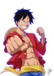 1boy abs backlighting bare_pecs black_eyes black_hair clenched_hands grin hat hat_on_back male_focus marco_albiero monkey_d._luffy one_piece open_clothes open_shirt scar scar_on_chest signature smile solo straw_hat upper_body