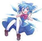  1girl :d bangs blue_dress blue_eyes blue_hair blush bow bowtie brown_footwear cirno dress dress_shirt eyebrows_visible_through_hair full_body hair_between_eyes hair_bow highres ice ice_wings looking_at_viewer open_mouth pantyhose pinafore_dress red_bow red_neckwear shirt shoes short_hair short_sleeves simple_background smile solo touhou white_background white_legwear white_shirt wings xox_xxxxxx 