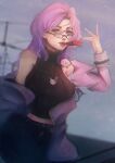  1girl black_pants black_sweater blue_eyes blurry blurry_background english_commentary glasses highres in_mouth instrument jacket kazoo looking_at_viewer mamavale off_shoulder pants pink_jacket purple_hair sleeveless_sweater solo sweater taku_artworks turtleneck turtleneck_sweater v vshojo 