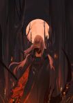  1girl bangs cape death_(entity) embers fire forest full_moon glowing glowing_eyes grim_reaper highres holding holding_scythe hololive hololive_english holomyth jawli looking_at_viewer moon mori_calliope nature night night_sky scythe shoulder_spikes sky spikes tiara veil virtual_youtuber 
