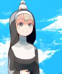  1girl akisas99 animal_on_head aqua_eyes bangs bird bird_on_head blonde_hair blue_sky blush catholic clouds cloudy_sky duck habit little_nun_(diva) long_sleeves nun on_head shadow signature sky smile solo upper_body 