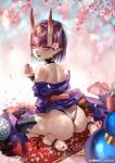  1girl absurdres ass bangs bare_shoulders bob_cut breasts eyeliner fate/grand_order fate_(series) feet flower food fruit fruit_bowl gourd grapes hair_flower hair_ornament headpiece highres horns japanese_clothes kimono long_sleeves looking_at_viewer looking_back makeup off_shoulder oni oni_horns open_mouth peach purple_hair purple_kimono revealing_clothes short_hair shuten_douji_(fate) sitting skin-covered_horns small_breasts smile soles violet_eyes wariza wide_sleeves zasshu 
