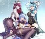  3girls :d ahoge aqua_hair armpits arms_up bangs bare_shoulders black_bodysuit black_legwear blue_hair bodysuit boots breasts commentary covered_nipples detached_sleeves elbow_gloves eula_(genshin_impact) fishnet_legwear fishnets ganyu_(genshin_impact) genshin_impact gloves hairband high_heel_boots high_heels highres horns kneeling large_breasts licking_lips long_hair looking_at_viewer multiple_girls navel open_mouth pantyhose parted_lips pink_hair potetos7 rosaria_(genshin_impact) simple_background smile symbol_commentary tassel thigh-highs thigh_boots tongue tongue_out violet_eyes 