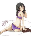  1girl barefoot black_hair bra brown_eyes character_name clothes_removed from_behind hair_ornament hairclip highres kantai_collection looking_at_viewer looking_back oyashio_(kancolle) panties purple_bra purple_panties rizzl signature simple_background solo underwear underwear_only white_background 