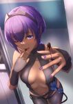  1girl announ_(kurotya) bangs bare_shoulders belt black_gloves black_hairband black_leotard blush breasts center_opening chocolate chocolate_on_fingers commentary_request dark_skin dark-skinned_female eyebrows_visible_through_hair fate/grand_order fate/prototype fate/prototype:_fragments_of_blue_and_silver fate_(series) finger_licking fingerless_gloves fingernails flower gloves hair_between_eyes hairband hassan_of_serenity_(fate) highres indoors leggings leotard licking looking_at_viewer medium_breasts navel one_eye_closed open_mouth purple_hair purple_nails short_hair solo violet_eyes 