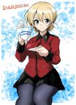  1girl bangs black_legwear black_skirt blonde_hair blue_eyes braid character_name closed_mouth commentary_request cup darjeeling_(girls_und_panzer) epaulettes girls_und_panzer holding holding_cup holding_saucer insignia invisible_chair jacket kirisaki_reina long_sleeves looking_at_viewer military military_uniform miniskirt pantyhose partial_commentary pleated_skirt red_jacket saucer short_hair sitting skirt smile solo st._gloriana&#039;s_military_uniform steam teacup tied_hair twin_braids uniform 