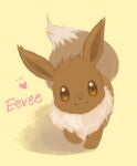 :3 blush brown_eyes character_name closed_mouth commentary_request eevee full_body gen_1_pokemon heart looking_at_viewer no_humans paws pokemon pokemon_(creature) punico_(punico_poke) simple_background smile solo standing toes yellow_background 